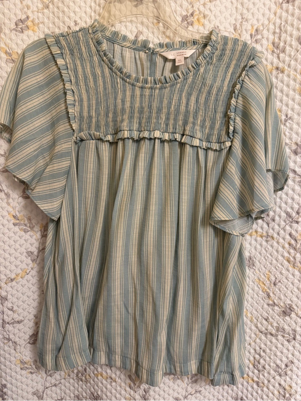 LC Lauren Conrad Light Sage Striped Ruffle-Yoke Blouse